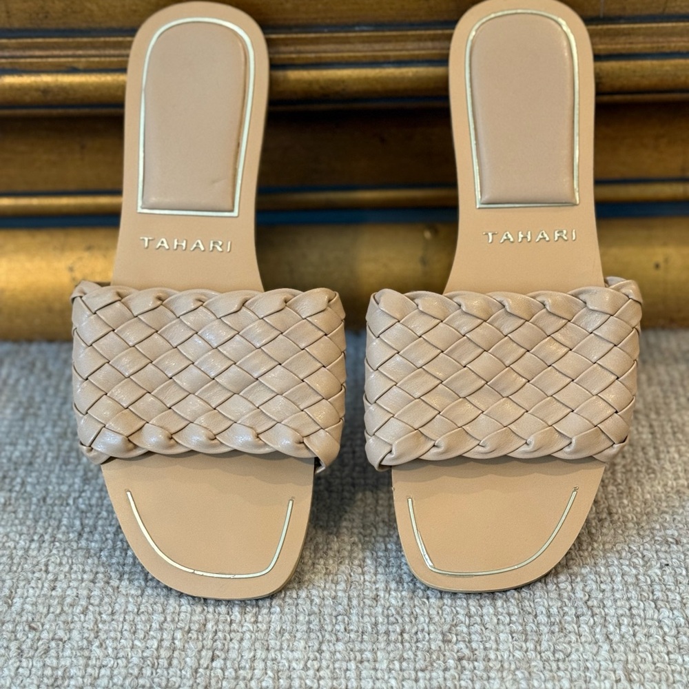 Tahari Women's Beige Woven Slide Sandals